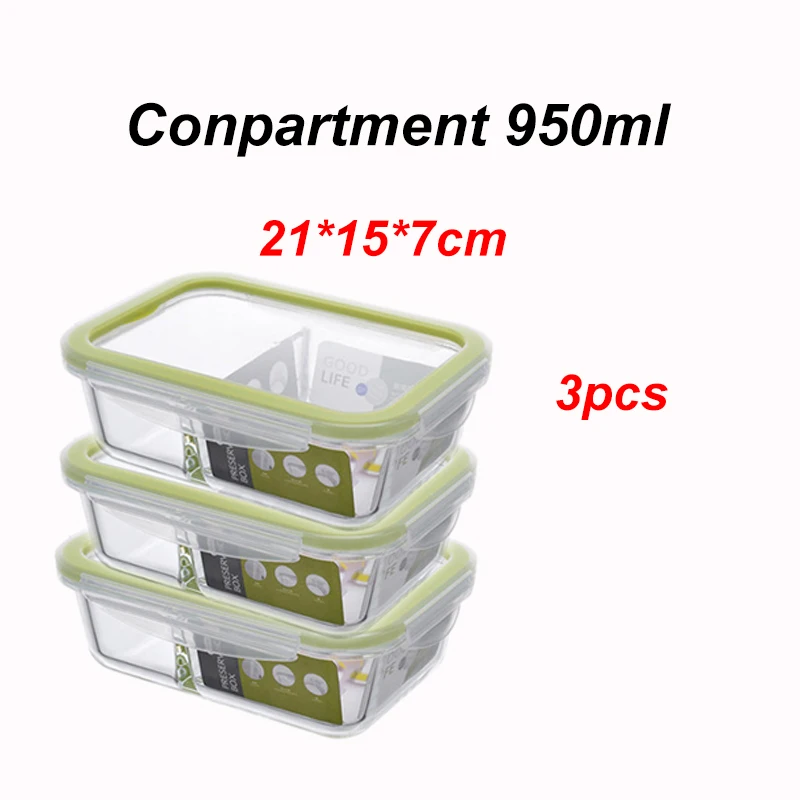 950ML 3PCS Высококачественный стеклянный Ланч-бокс для еды без бисфенола, контейнер для хранения еды с 2 отсеками для разогрева, для детей - Цвет: 950ML 3PCS