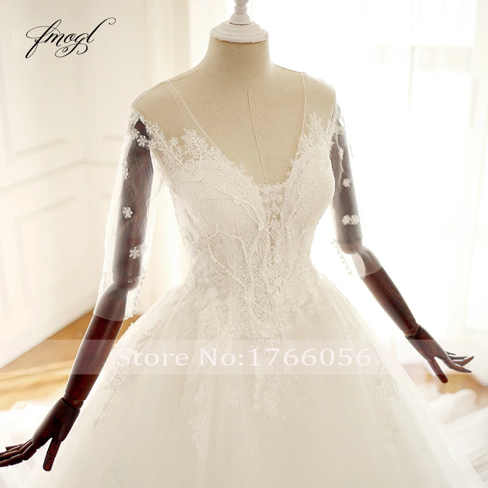 Fmogl Vestido De Noiva, кружевное бальное платье, свадебные платья, сексуальные платья с открытой спиной, со шлейфом, v-образным вырезом, аппликацией, бисером, для невесты