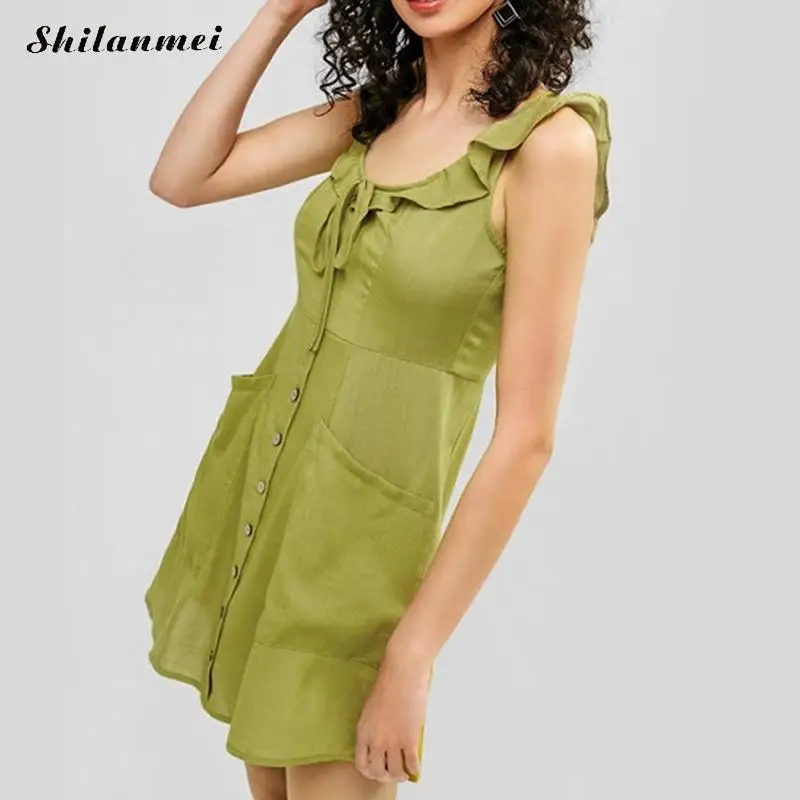 

Green Lace Up Mini Dress Women Pockets Sexy Sleeveless Ruffles Casual Dress Sweet Girl Slim Beach Party Dress Vestidos De Festa