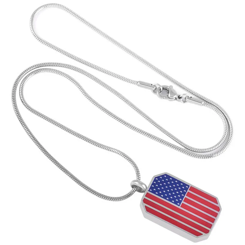 

IJD8534 Stainless Steel American Flag Cremation Urn Pendant Memorial Keepsake Ashes Necklace Mens Patriotic Jewelry