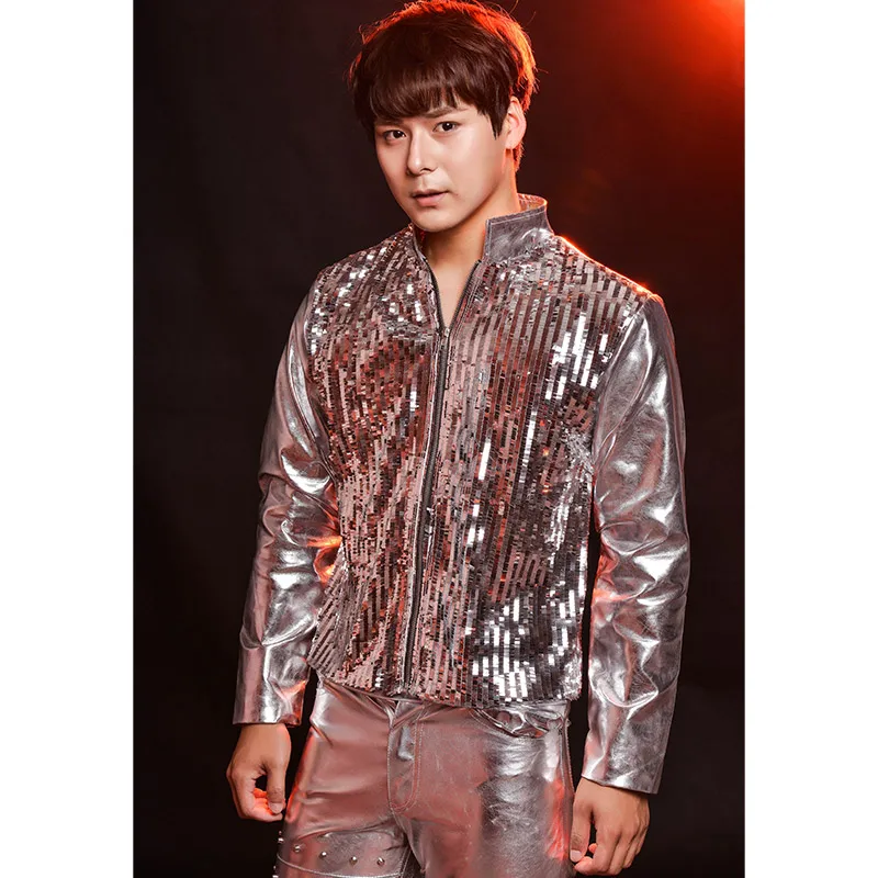 Мужские кожаные куртки с серебряными блестками для ночных клубов Кожаные