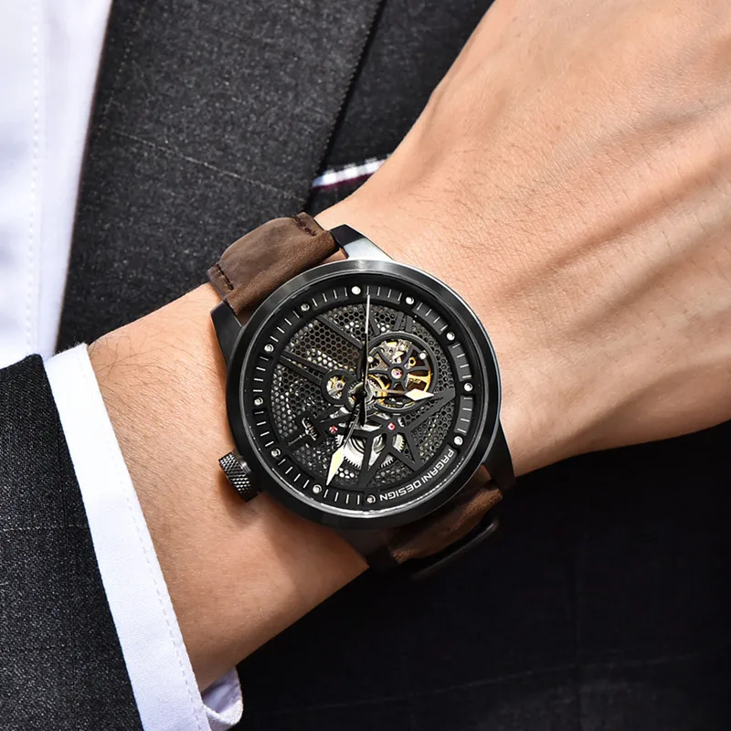 Часы-скелетоны Pagani Мужские механические водонепроницаемые с кожаным ремешком |