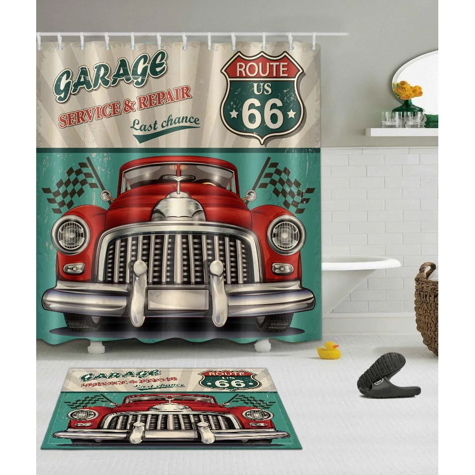 LB Ретро занавес для душа Route 66 ткань и коврик гаражный сервис ремонт последний