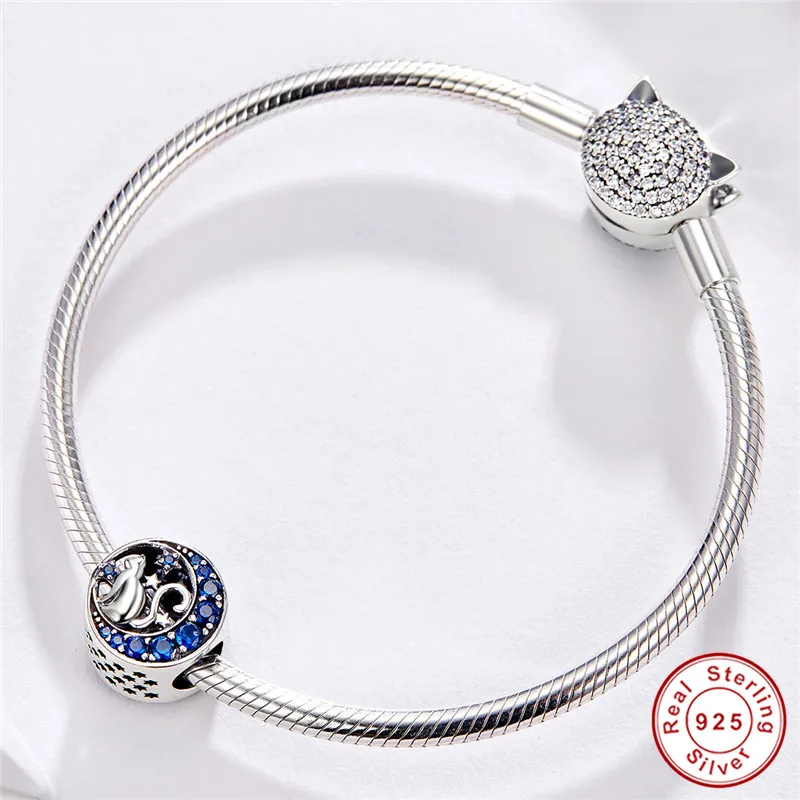 Соответственные Пандоре обаятельные браслеты Оригинальное 925 пробы серебро голубая луна бусины кошка S925 кубического циркония ПЭТ прелести оптом ювелирных изделий
