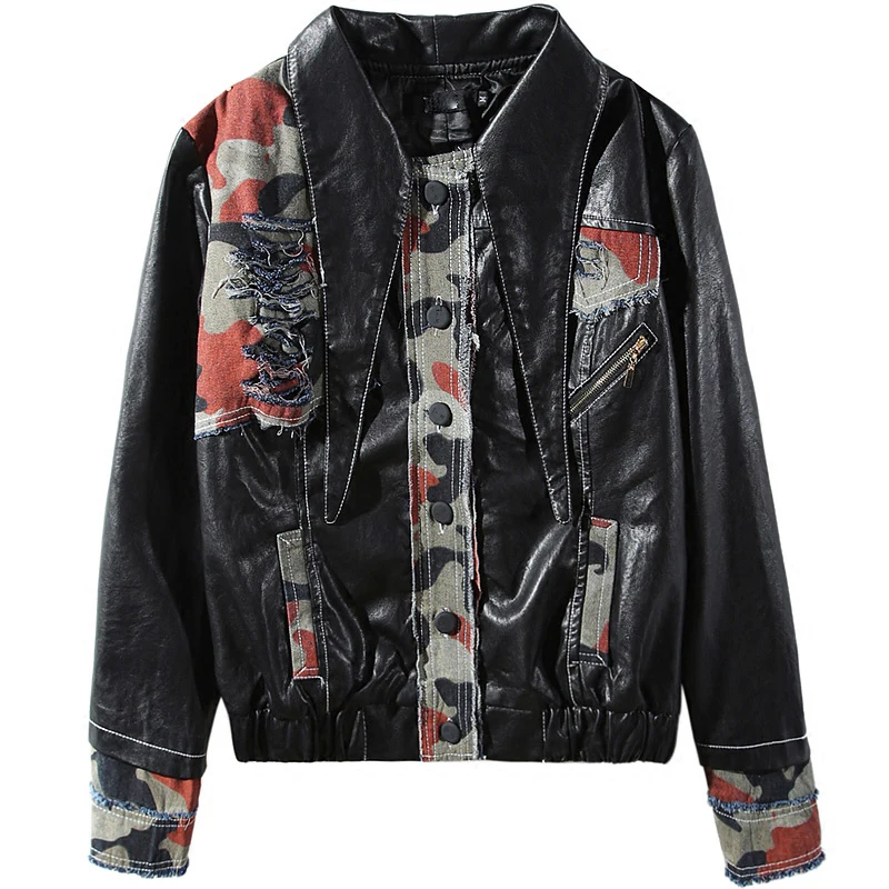 Кожаные куртки Уличная мода tide мыть воду кожа Камуфляж сшивание кожаная куртка пальто женская кожаная верхняя одежда