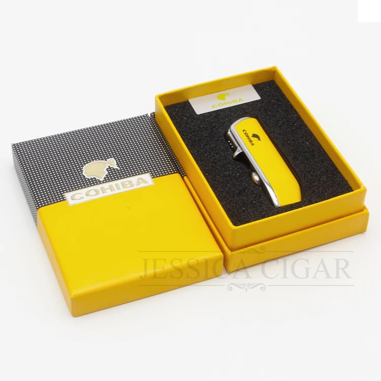 COHIBA Jet факел зажигалка 3 голубое пламя Металл бутан газ многоразового прикуривателя Встроенная сигара пробивные гаджеты для мужчин