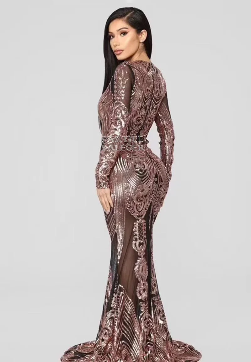 PB Новинка шикарное Золотое платье с блестками Сетчатое длинными рукавами и