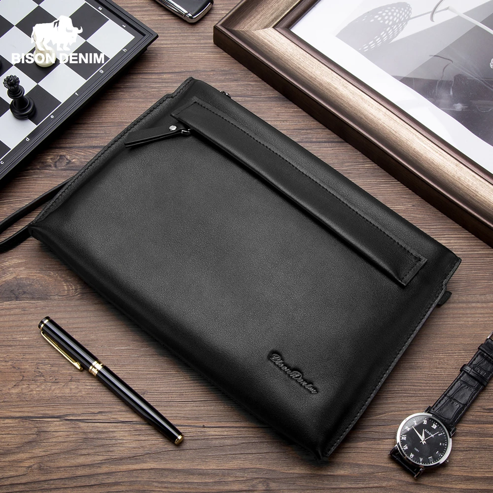 

BISON DENIM Genuine Leather Leather Clutch Bags For Men With Phone Pocket Luxury Long Purse Zipper Coin Pocket Fashion N8247