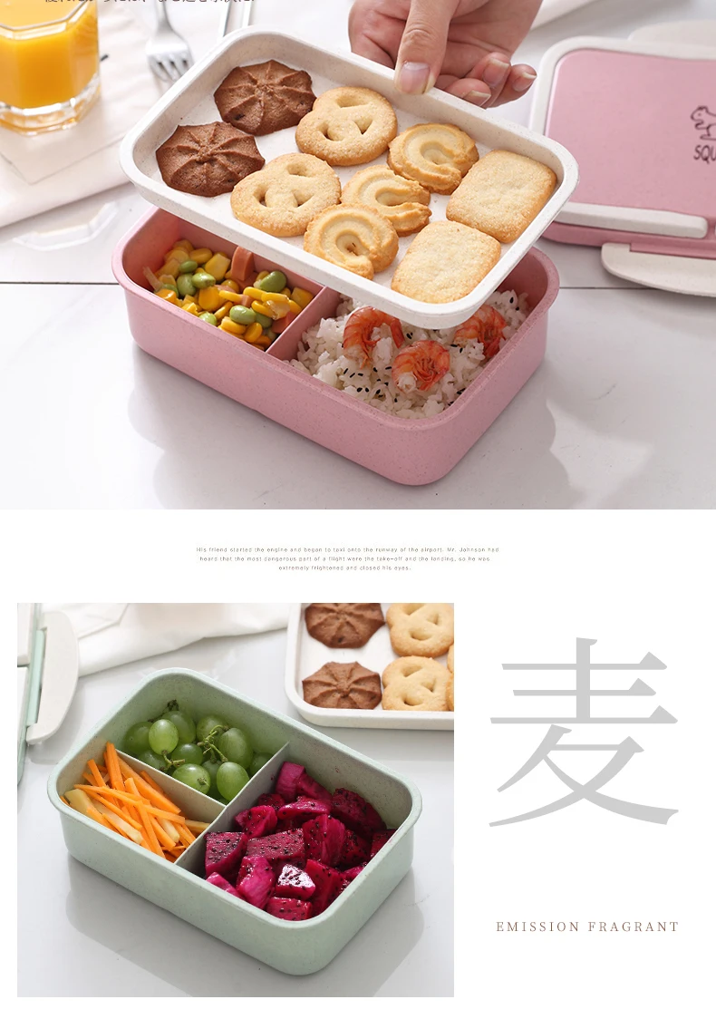 Baispo Microwavable Lunch box Wheat straw Cartoon bento box Portable Eco-friendly Food Container Lunchbox For kids School Picnic