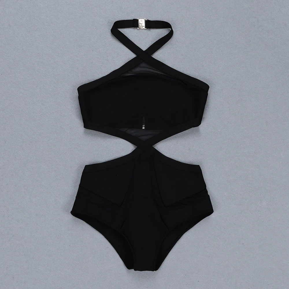 

2019 New bodysuits black lace halter Vestido Knitted bodycon Rompers Celebrity evening party Bandage bodysuits