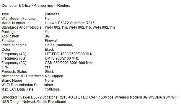 Unlocked Huawei E5372 Vodafone R215 4G LTE FDD CAT4 150Mbps Wireless Modem 3G WCDMA GSM WIFI USB Dongle Network Mobile Broadband |