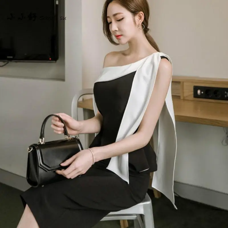 Женское платье карандаш Small Su черное облегающее на одно плечо с вырезом лодочкой