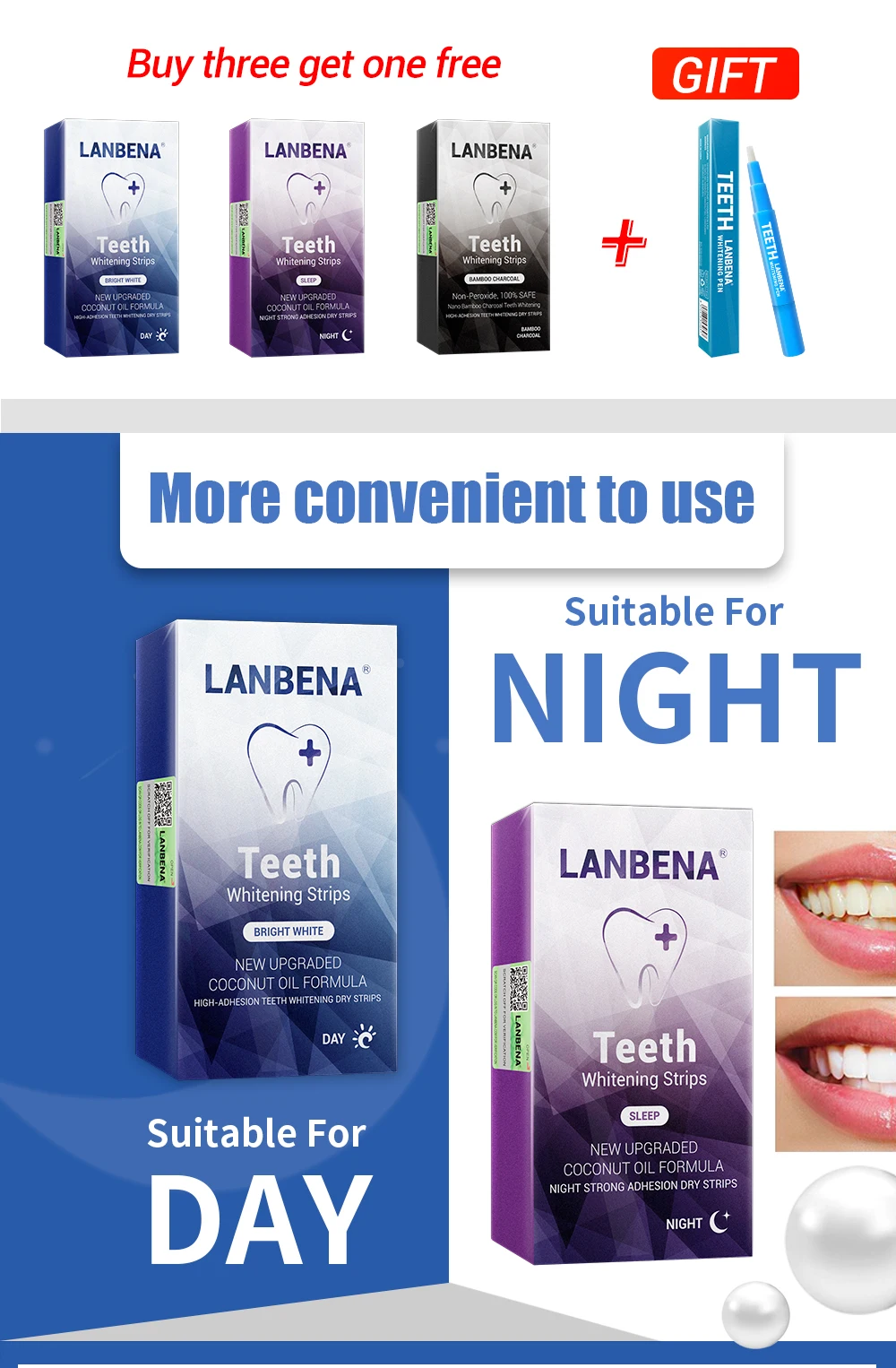 Купить 3 получить 1 подарок LANBENA полоски для отбеливания зубов Гигиена полости рта Белые Полоски удаляет пятна налета 3 шт+ эссенция для отбеливания зубов