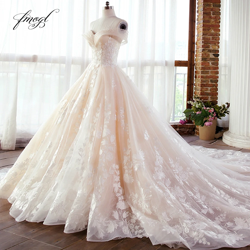 Fmogl Vestido De Noiva Кружева бальное платье свадебное платье Сексуальная Иллюзия вырез лодочка, аппликация бисером суд Свадебное платье с длинным подолом