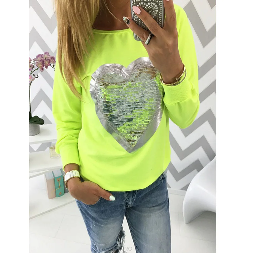 Яркая флуоресцентная Блестящая футболка с круглым вырезом и длинными рукавами в