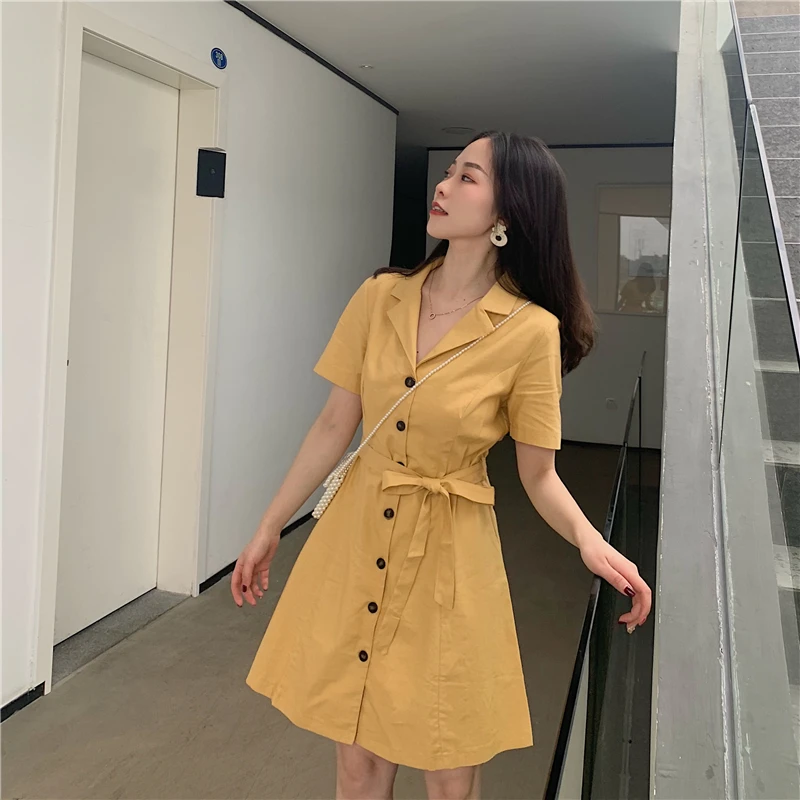 2019 Весна и лето новая Корейская версия отворотом повязки талии длинная рубашка