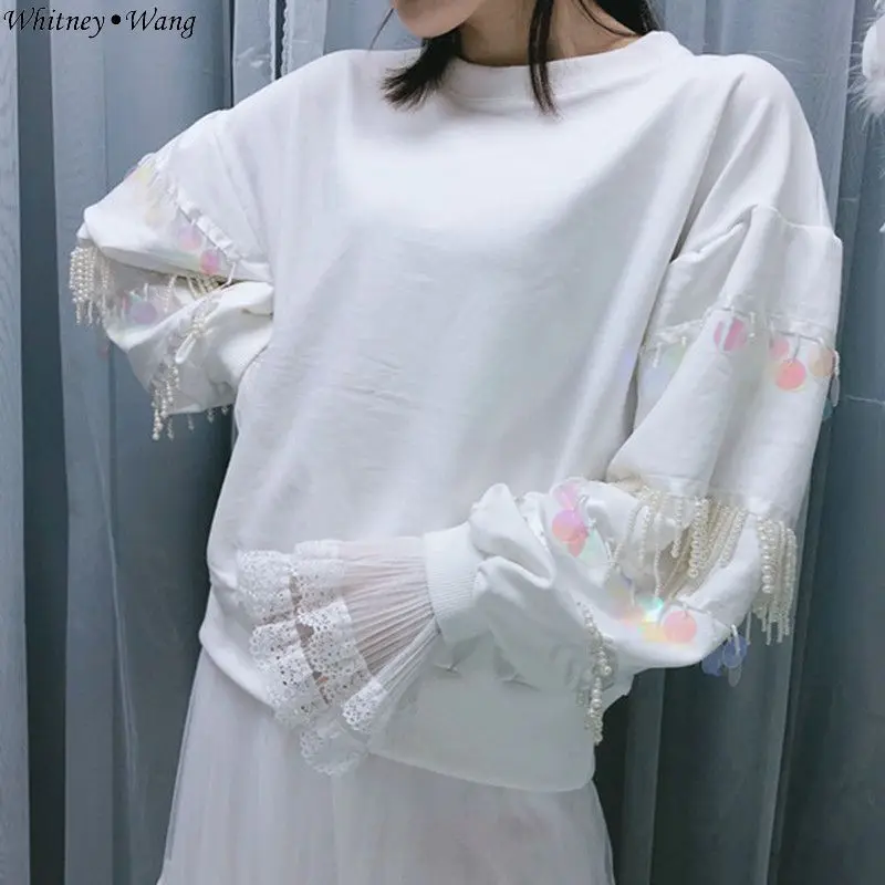 WHITNEY WANG 2019 весенне-осенняя модная уличная Лоскутная Толстовка с блестками и