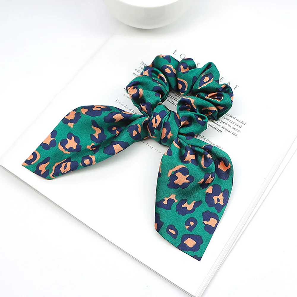 Green Fashion Girls Summer Leopard Scrunchie Rubber Bow Hair Rope Ring Elastic Hair Bands Hair Accessoiries for Women - Цвет: Green