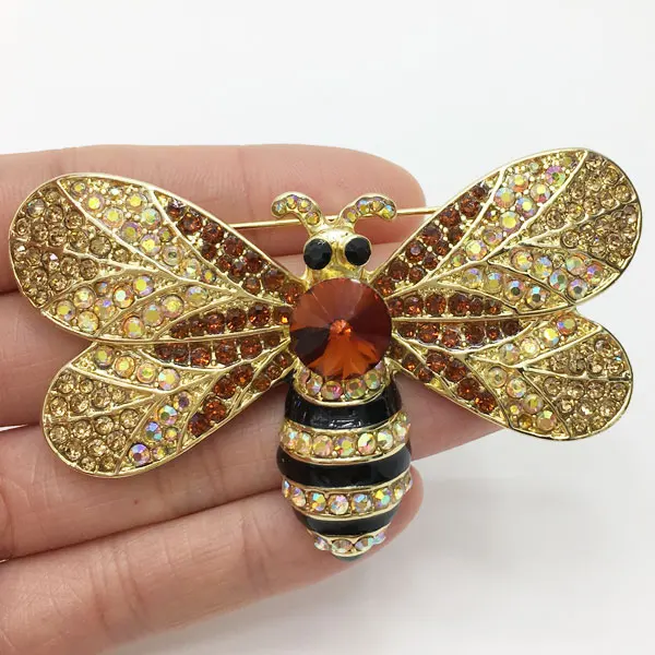 Vintage Brown Bee Insect Gold Tone Brooch Pin Rhinestone Crystal Woman | Brooches