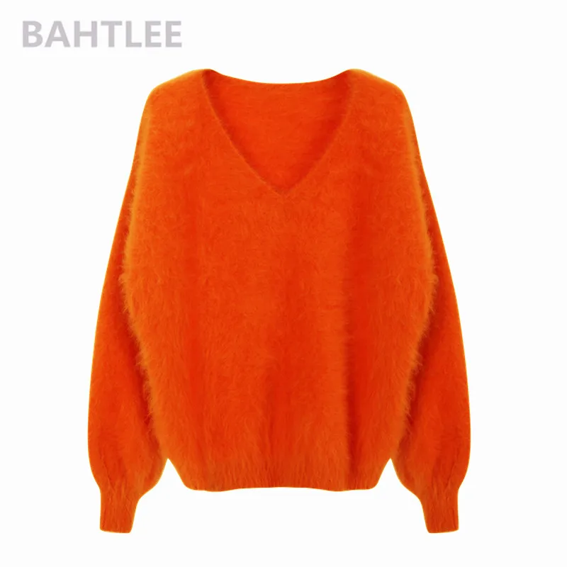 ORANGE BAHTLEE зимний женский джемпер из Ангорского Кролика, свитер с v-образным вырезом и рукавом-фонариком, норковый кашемировый вязаный пуловер, сохраняющий тепло, толстый свободный - Цвет: ORANGE