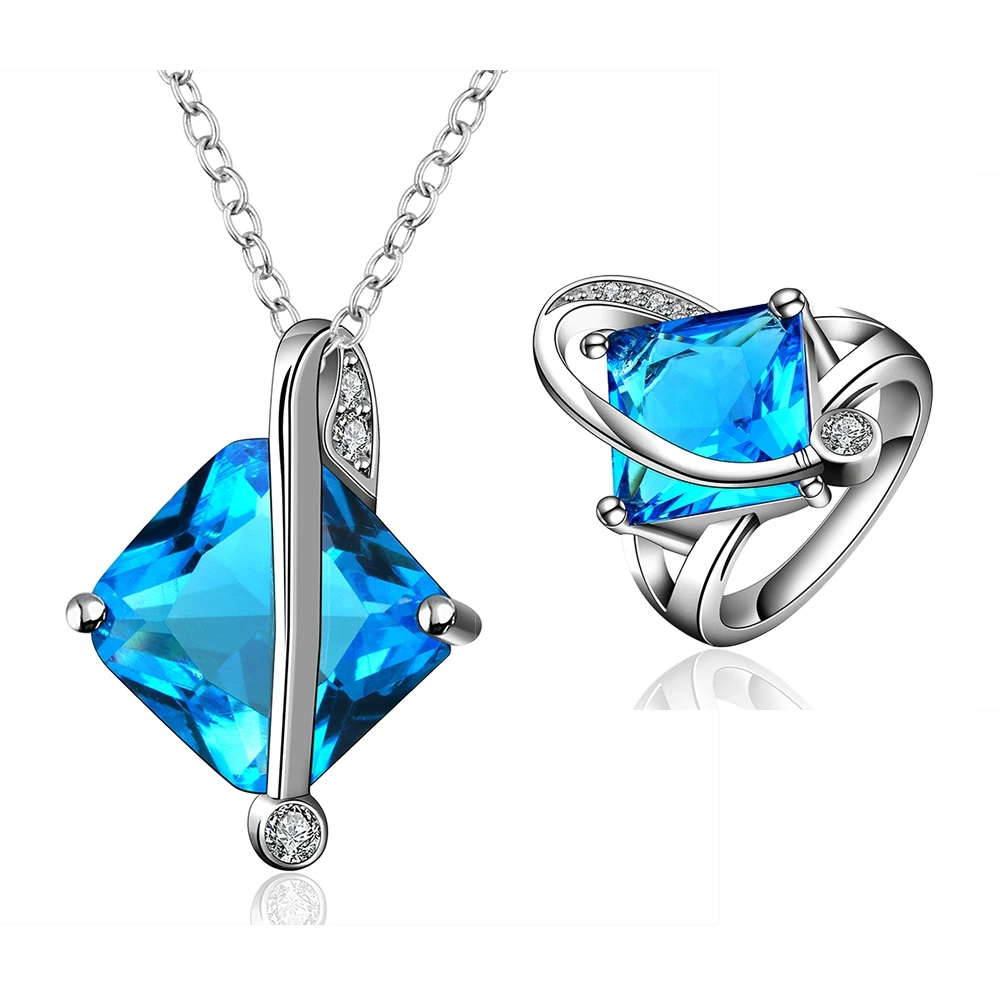 

Silver Color Blue Crystal Jewelry Set Women Accessories Square Party Bridal Jewelry Sets
