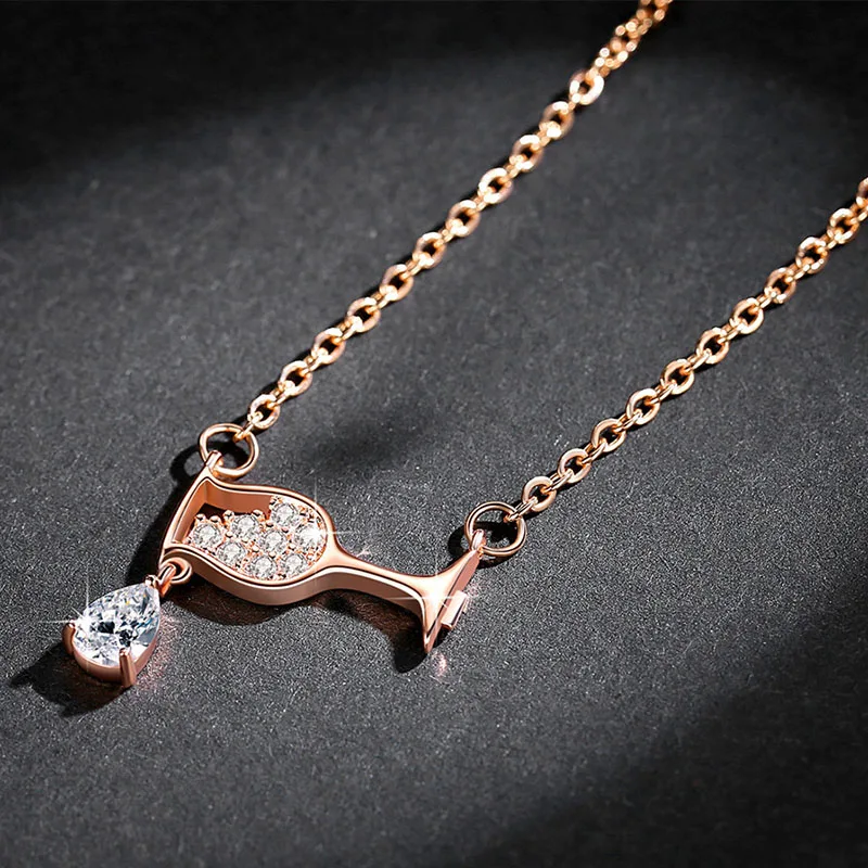 Серебряная цепочка из розового золота, милое ожерелье с подвеской из винного стекла для женщин, AAA циркон, Хрустальная чашка вина, Очаровательное ожерелье, колье, Прямая поставка
