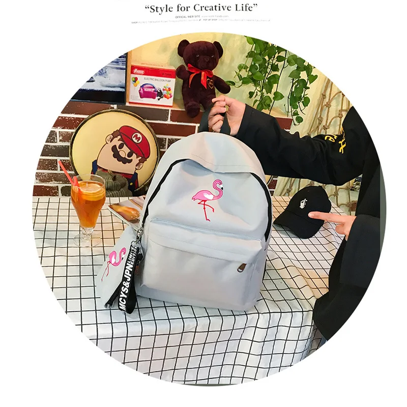 Harajuku school bag female Korean version of ulzzang high school students flamingo print campus college wind canvas backpack