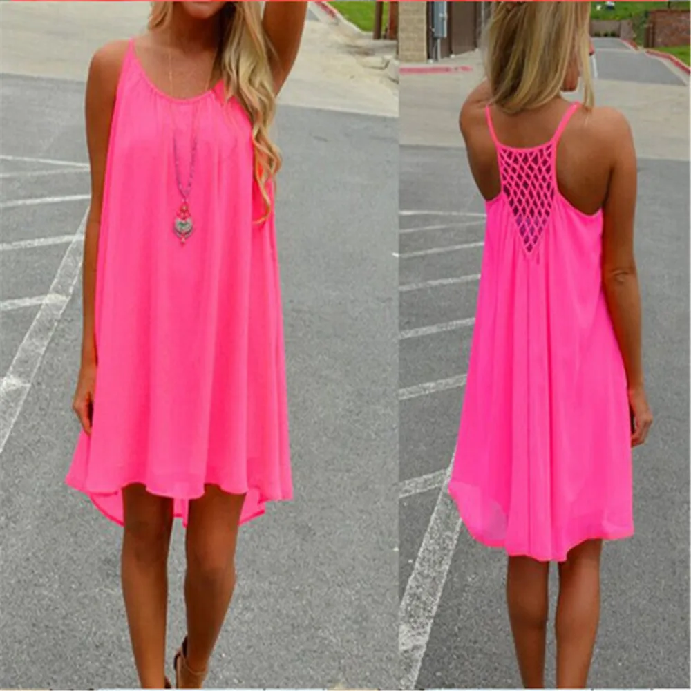 Daddy Chen Summer Beach Dress Sexy Strap Big Size Loose Casual Chiffon Spaghetti Mesh Backless Solid Vestiti Donna | Женская одежда
