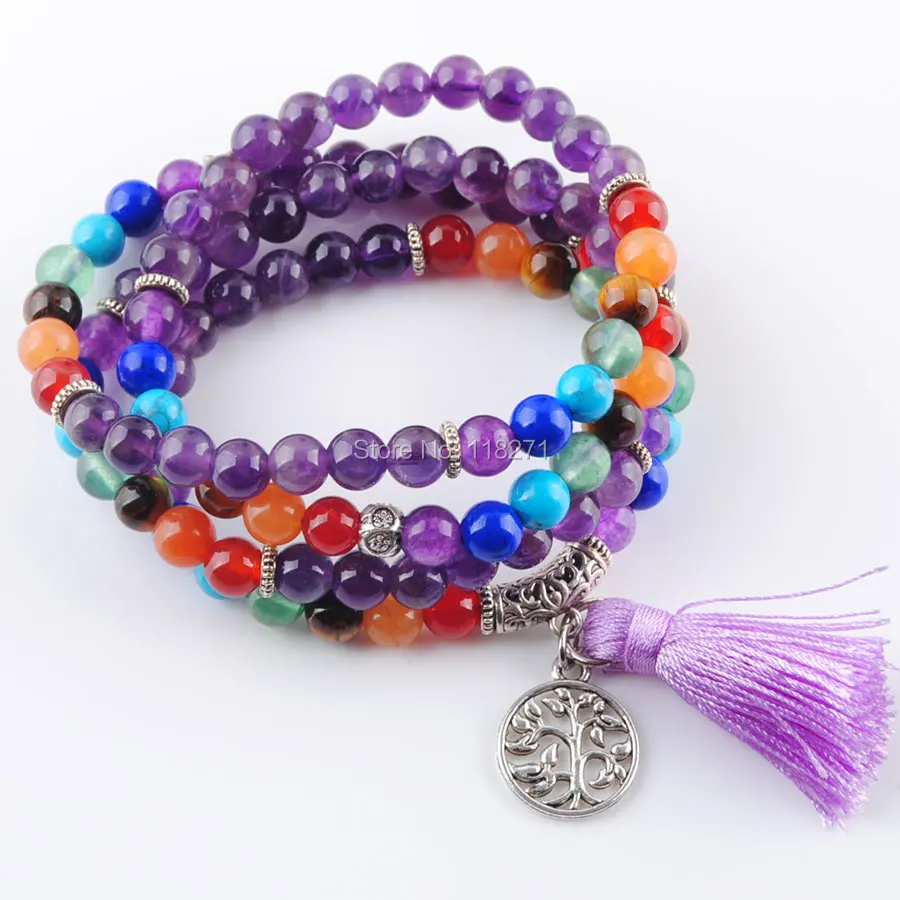 

108 Meditation Multi-layer Bracelets 7 Chakra Yoga Natural Round Amethyst Mala Bead Life Tree Tassel Boho Long Necklace PK3206