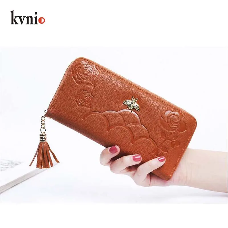 KVNIO PU кожаный винтажный кошелек с Пчелой женские длинные кошельки на молнии сумки
