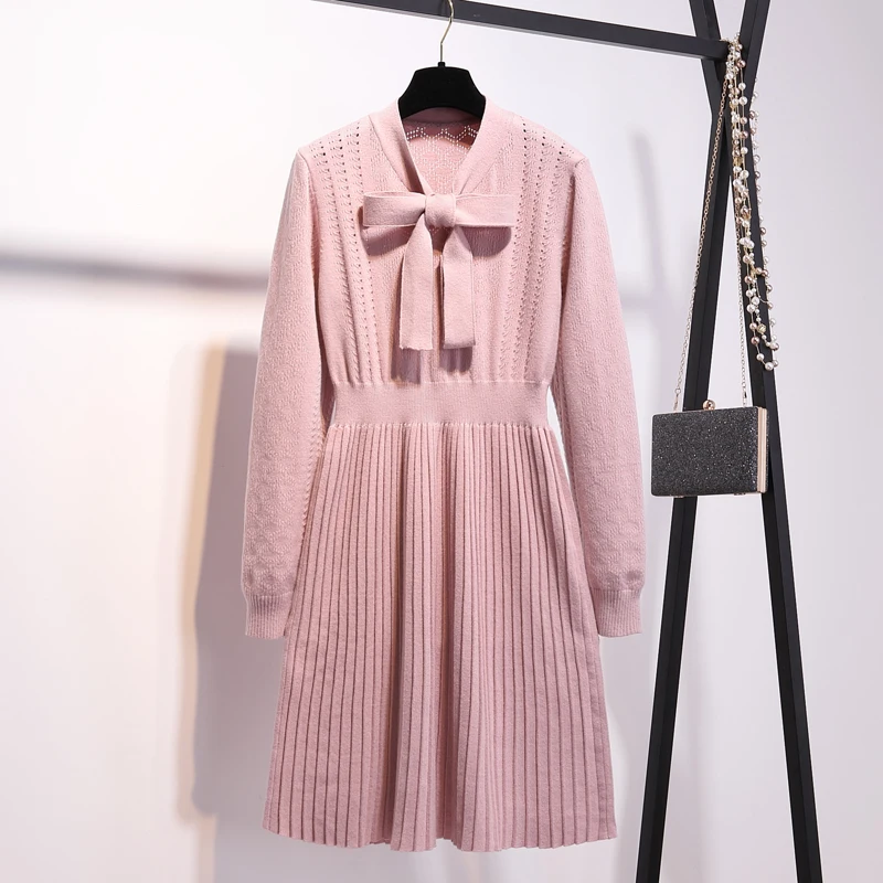 Pink Женский розовый свитер с галстуком-бабочкой, платья размера плюс, Женский пуловер, элегантное Плиссированное трикотажное платье с длинным рукавом Vestidos - Цвет: Pink