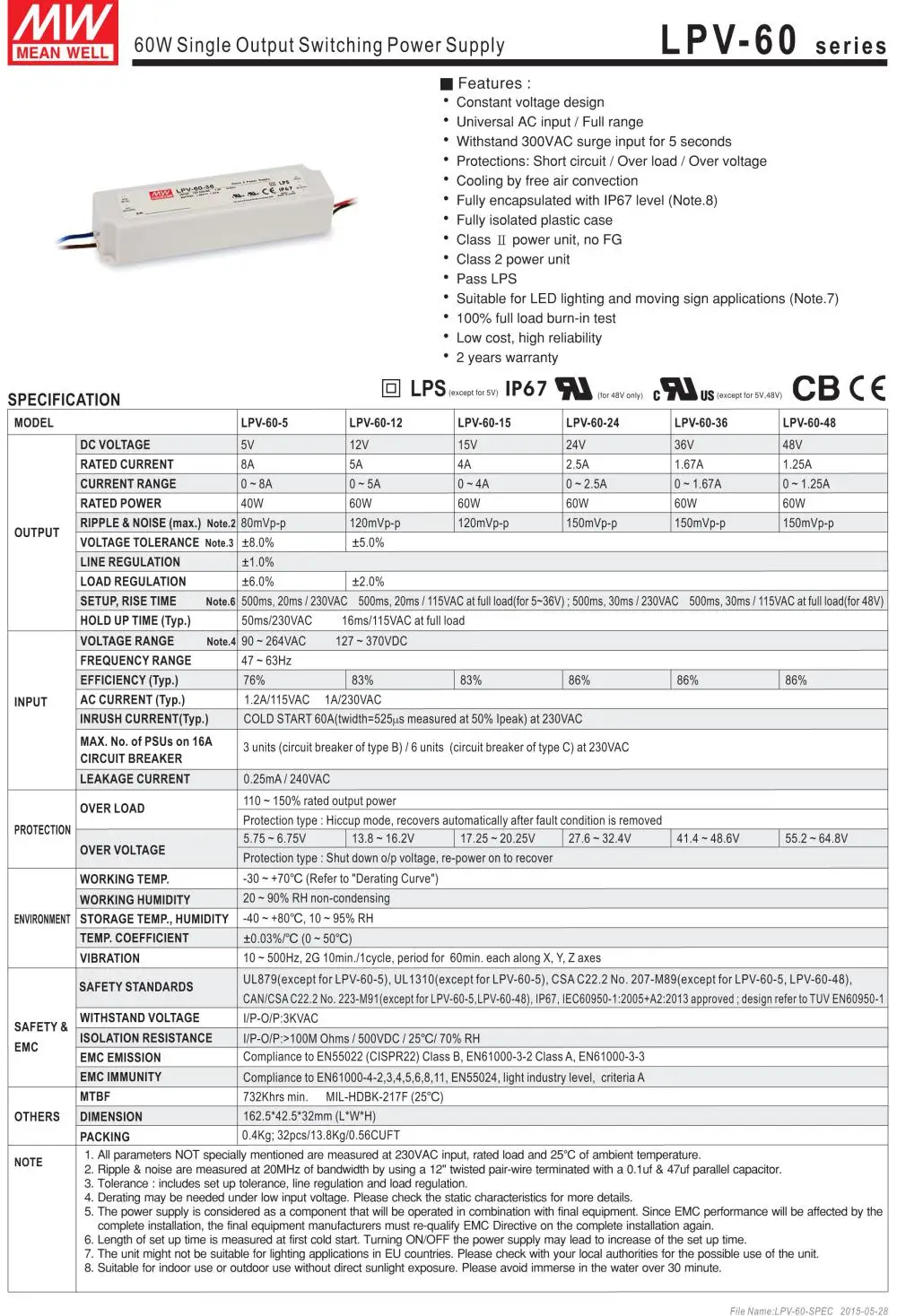 Цена MEAN WELL LPV-60-12 12V 5A meanwell LPV-60 60W одиночный выход Светодиодный импульсный источник питания