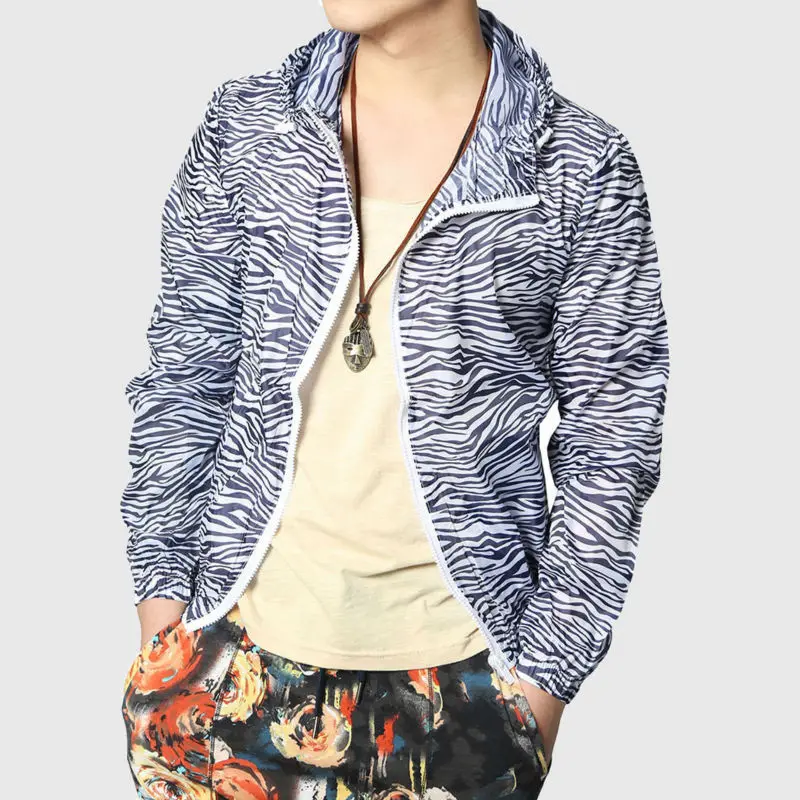 

Striped Men Spring Jacket Hooded America Zebra Stripe Print Thin Coats Slim Black Long Sleeve Spring Korean College