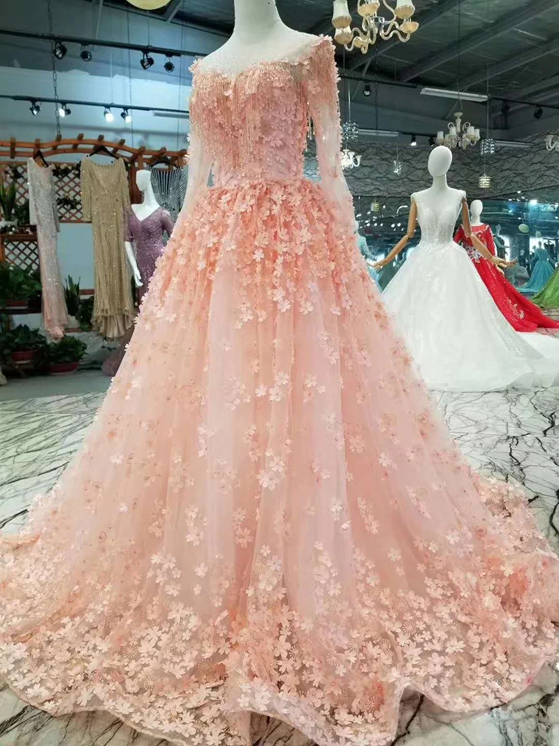 LSS197 розовые пышные платья для девочек длинное Тюлевое платье с длинными рукавами и круглым вырезом, длина до пола, 3d лепестки, кружева, цветы, платье для выпускного вечера дешевые вечерние платья