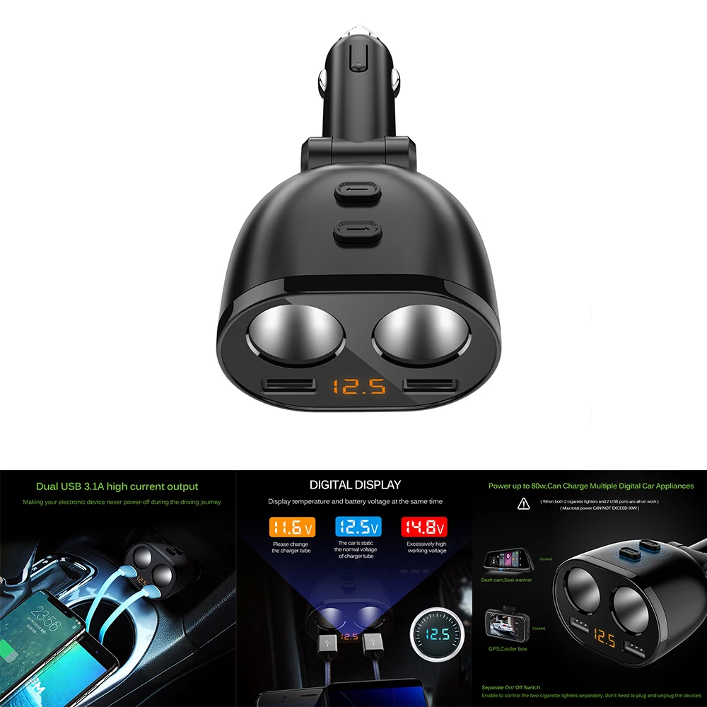 1-2 80 Вт гнездо прикуривателя 3.6A Dual USB Автомобильное Зарядное устройство адаптер независимых переключателей Поддержка Smart Быстрая зарядка DC 12-24 В