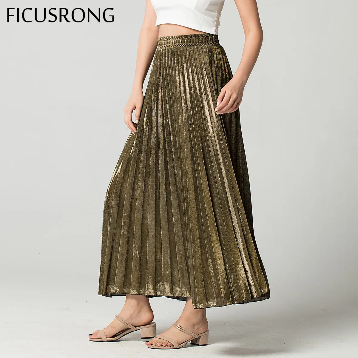 Spring Skirts Golden High Waist Slim Pleated Skirt Women's Simple Autumn A-line Streetwear Beach FICUSRONG | Женская одежда