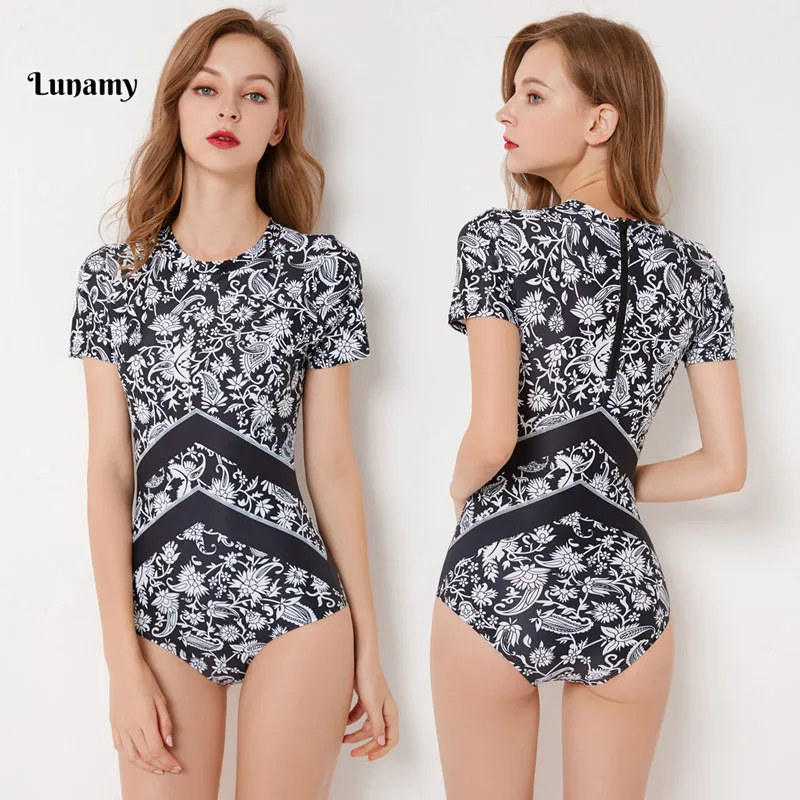 9075 Lunamy, S-2XL, короткий рукав, одежда для плавания, Цельный купальник, Женский сексуальный купальник, пляжная одежда, ретро принт, боди,, Цветочный купальник - Цвет: 9075
