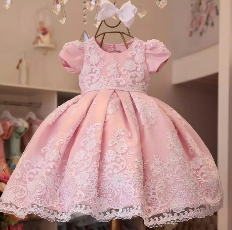 Pink Lace Appliques Baby Girls Dresses Infant Girls First Birthday Gown Toddler Party Dress 9M-14Y