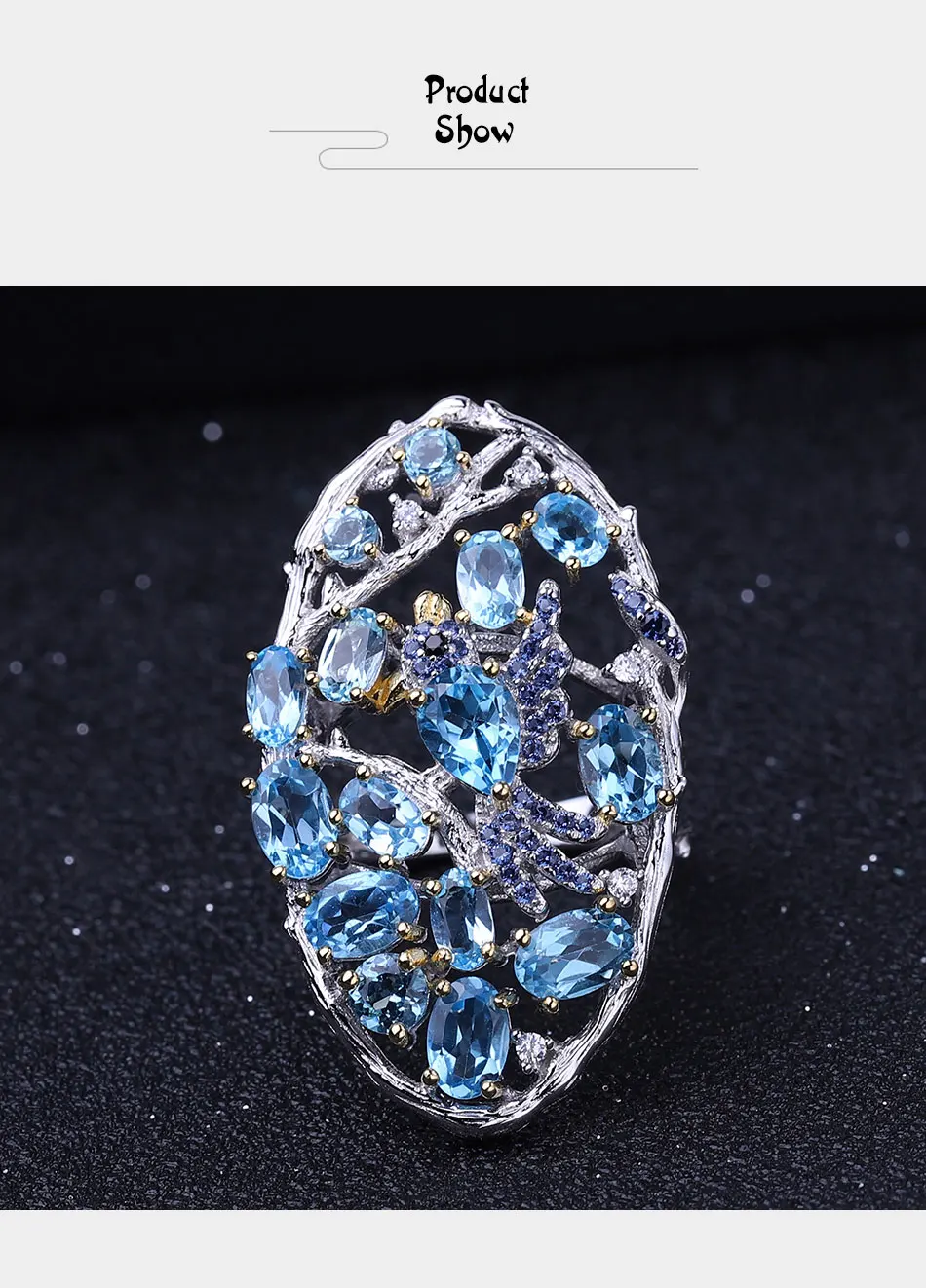 Ювелирное балетное кольцо 6.12Ct с натуральным швейцарским голубым топазом, 925 пробы Серебряное кольцо ручной работы с лесными птицами для женщин, свадебное ювелирное изделие