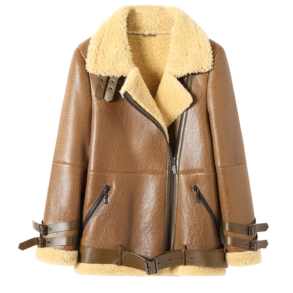 Women's B3 Shearling Jacket Women's Short Motorcycle Jacket Women's Winter Leather Warm Jacket