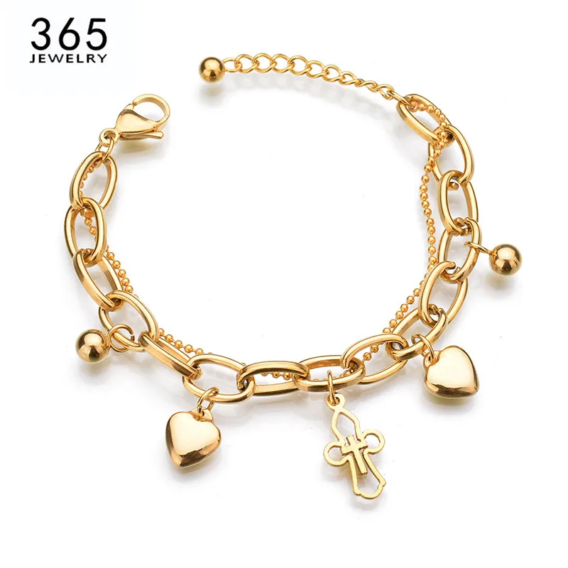 Горячая продажа золотой цвет нержавеющая сталь звено цепи крест браслет