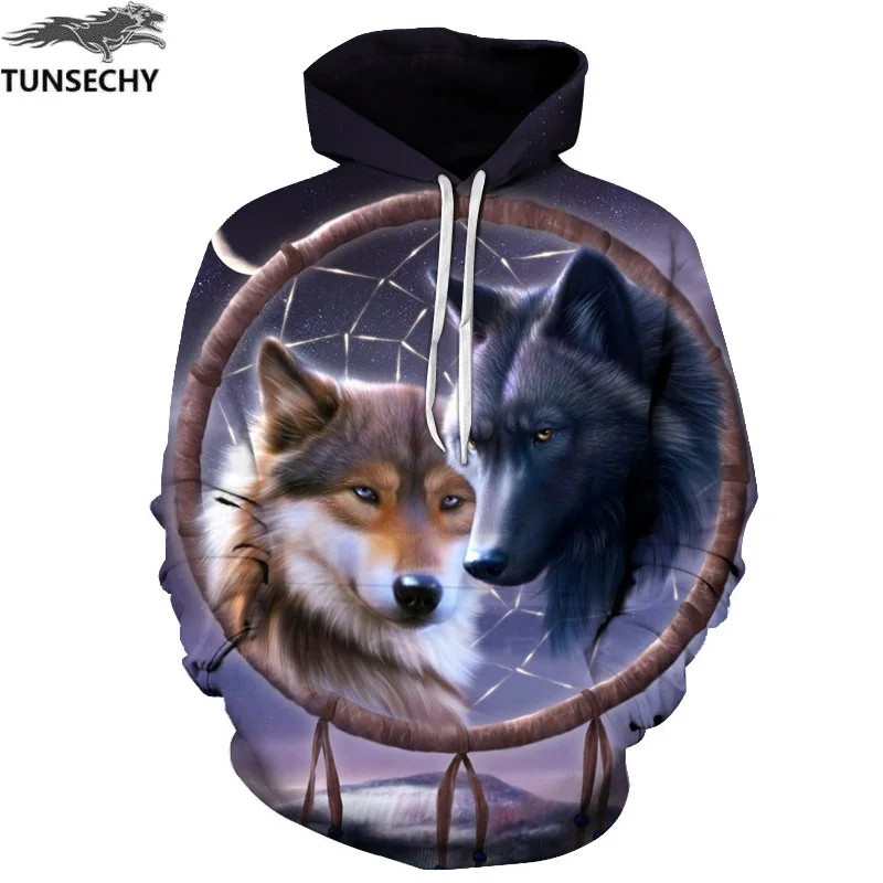 TUNSECHY Новая мода мужской волк печать 3D пуловер с капюшоном мужская
