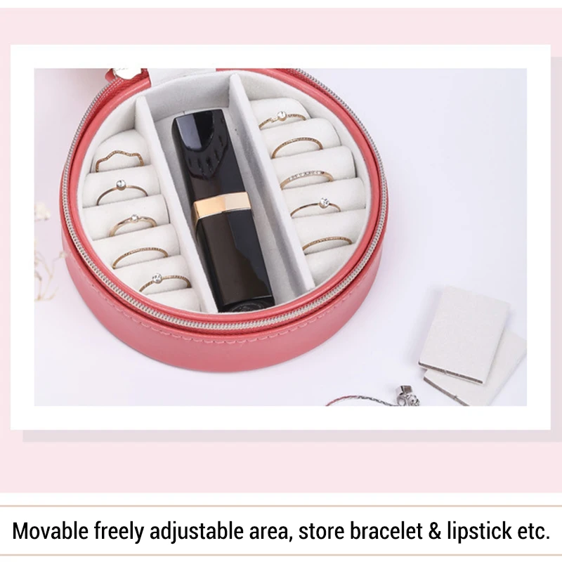 Portable Round Jewelry Box Travel Zipper PU Leather Jewellery Packaging Display Organizer Gift Box Earring Storage Carrying Case