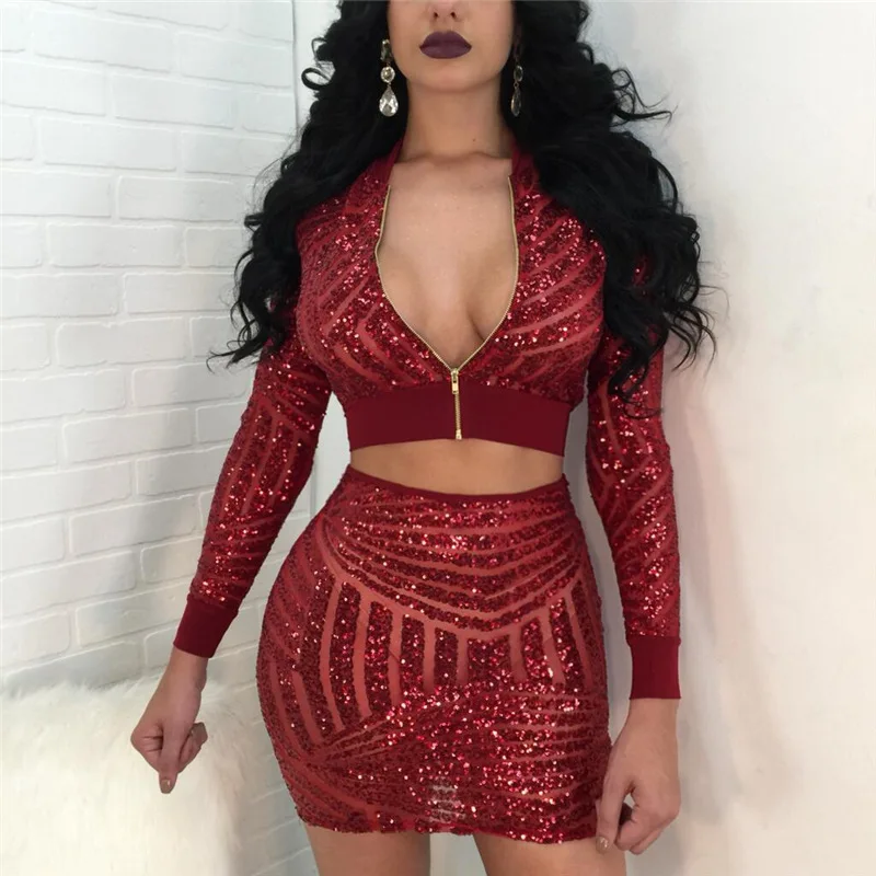 Adogirl, модные женские платья из двух частей с блестками, комплект, на молнии, сексуальный, v-образный вырез, длинный рукав, короткий топ, бандаж, мини, Клубные, вечерние платья