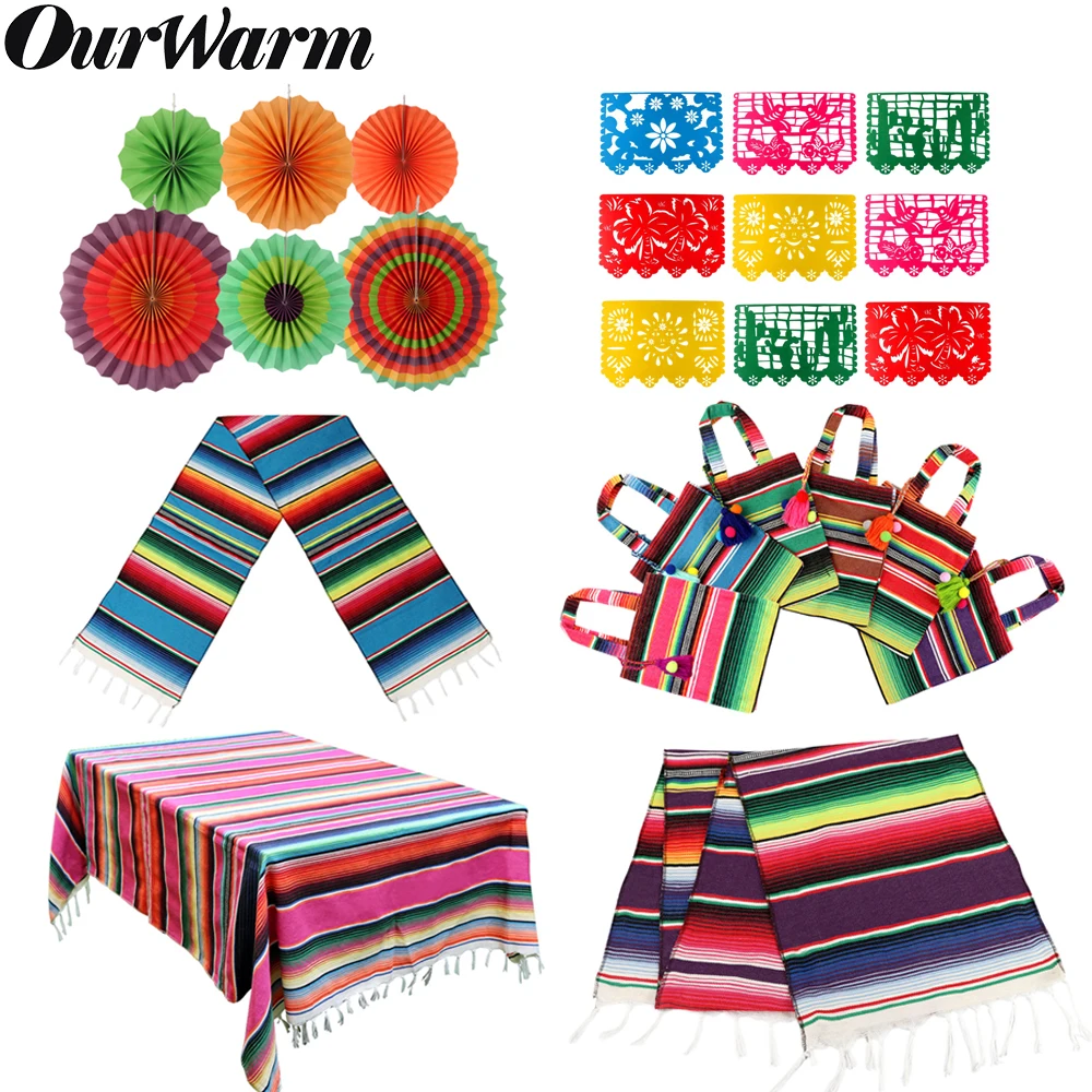 

OurWarm Cotton Table Runner Blue Mexican Fiesta Party Colorful Blanket Tablecloths Tote Gifts Bag Wedding Birthday Home Decor