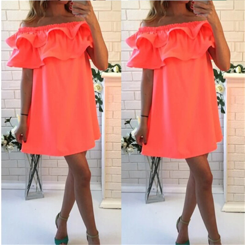 

OLGITUM New Women Summer Dress 2020 Ruffle Sleeve Off Shoulder Woman Beach Dress Dresses DR339