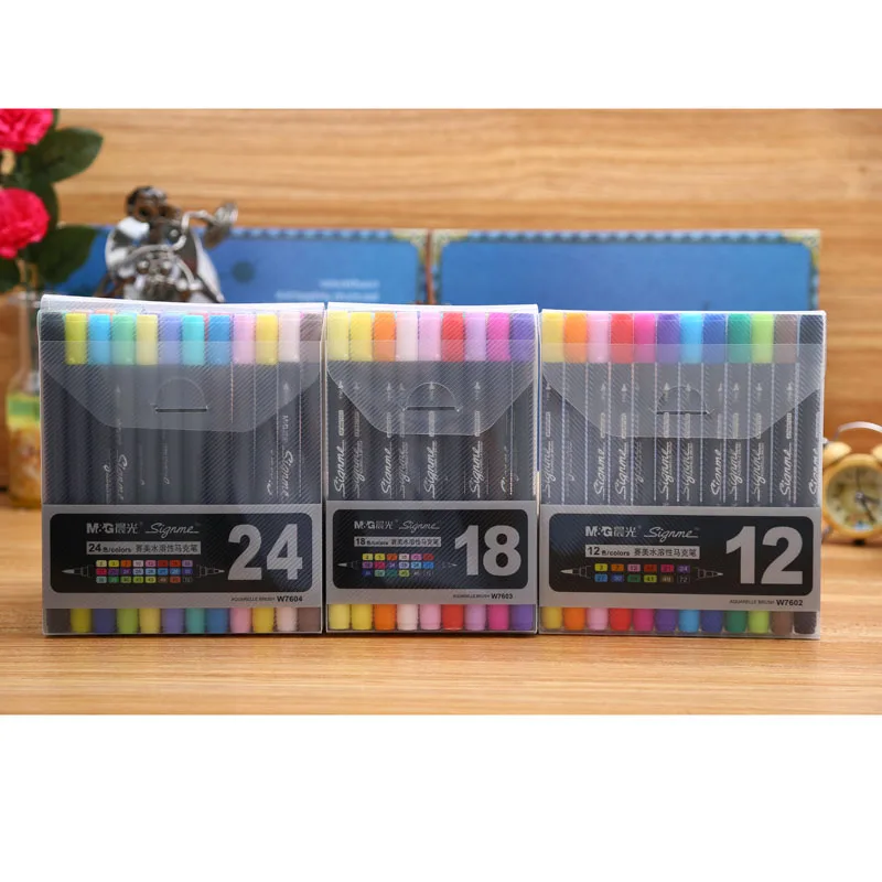 M & G-pincel suave/marcador de Arte Fino doble, juego de 12/18/24 colores, tinta de Aquarelle para diseño de Manga, suministros de pintura