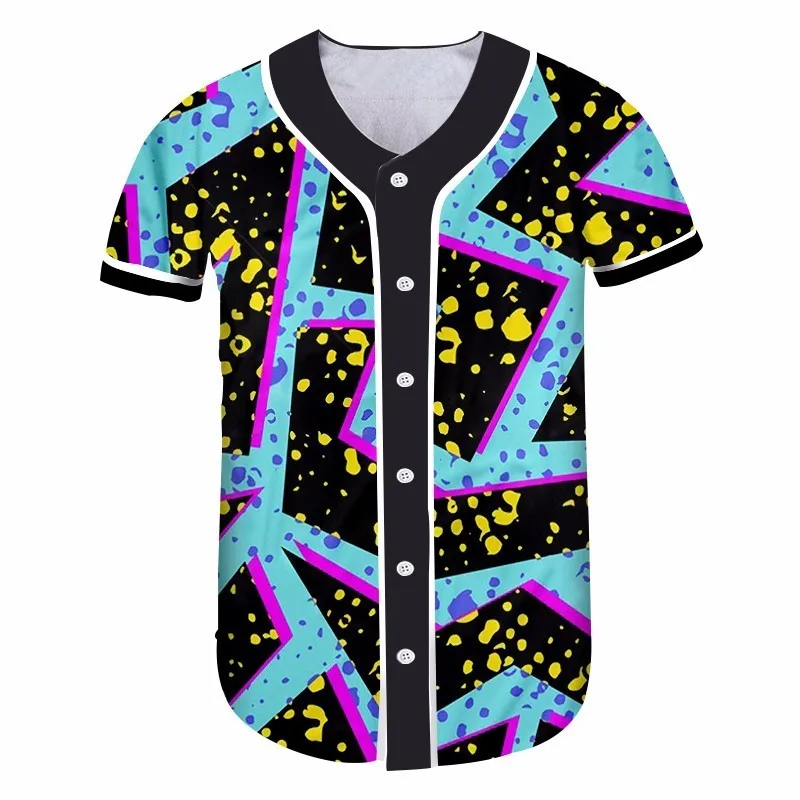 OGKB Hot Sale Fit Slim Loose Button Shirt V Neck Tee Shirts Cool Print Blue Flash Light Grid 3D Baseball T-shirts Tshirt | Женская