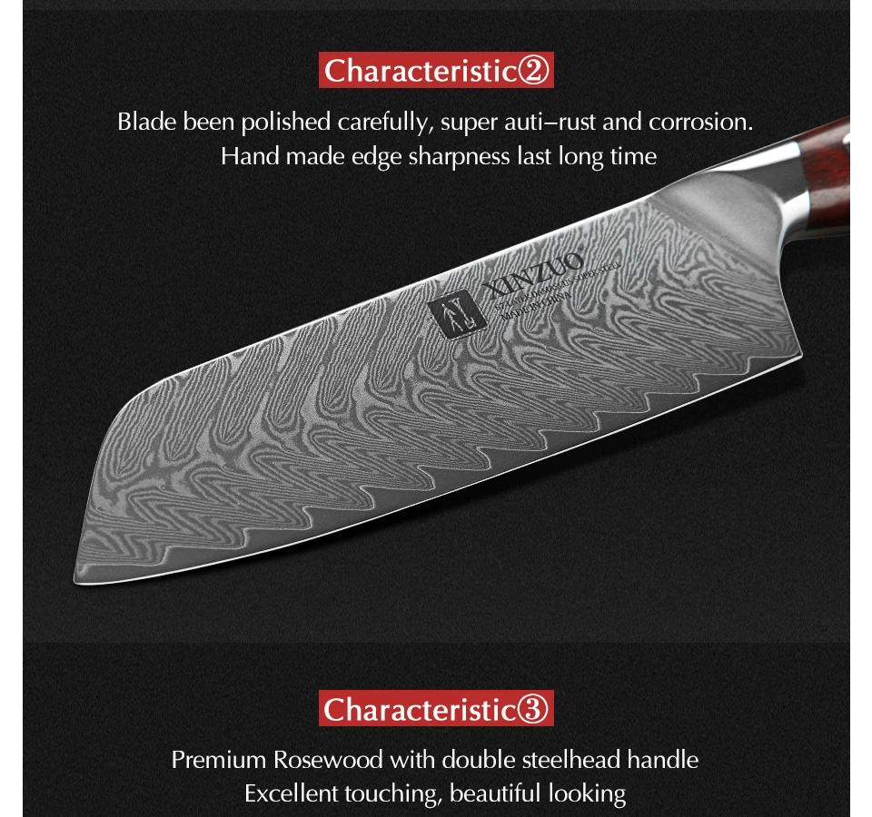 XINZUO бренд 7 дюймов Santoku ножи Дамаска VG10 стальные ножи Палисандр Ручка японский стиль кухня приготовления резные шеф-повара нож