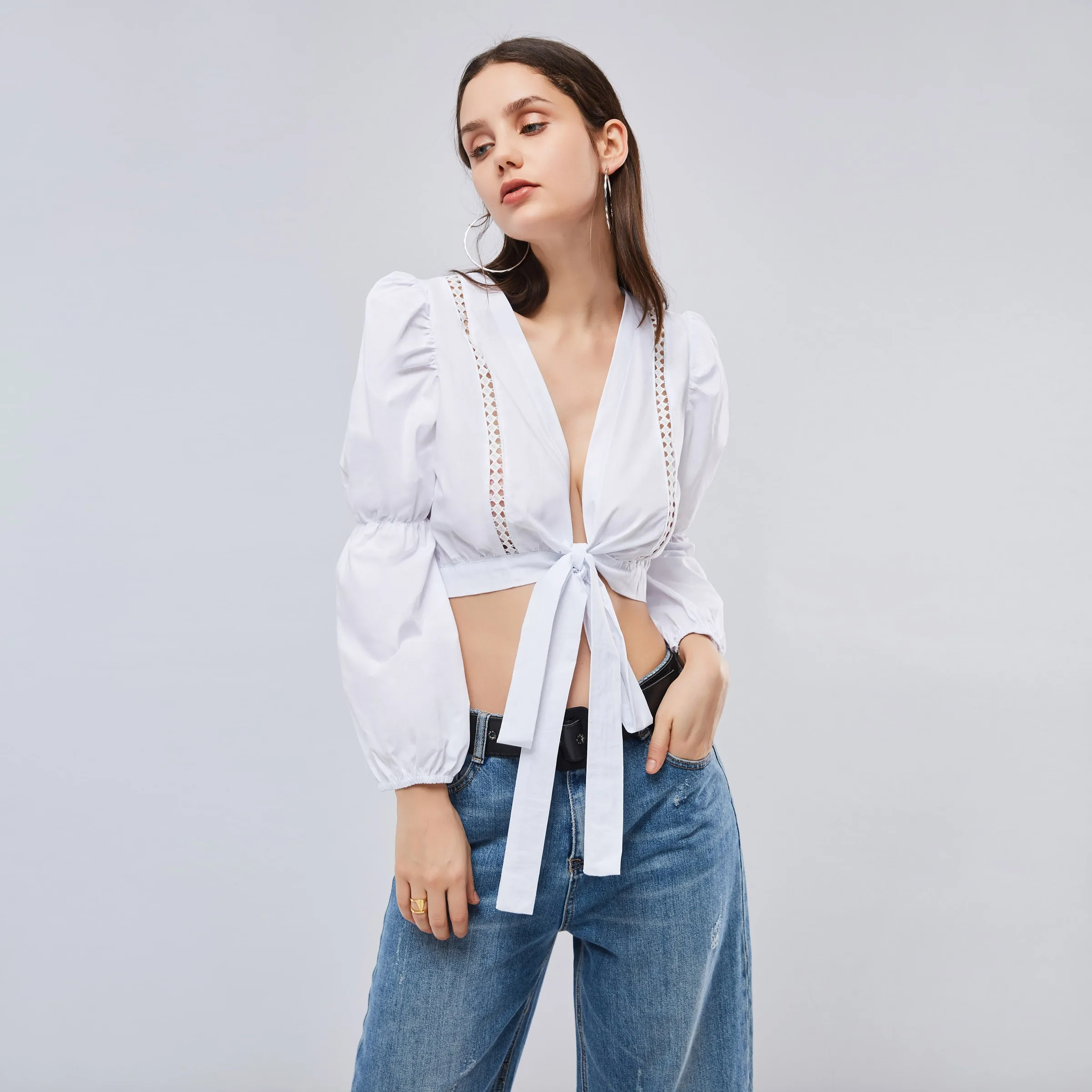 Гот сексуальные пупка Chic блузка Для женщин осень 2018 Кружева полые глубокий V топ